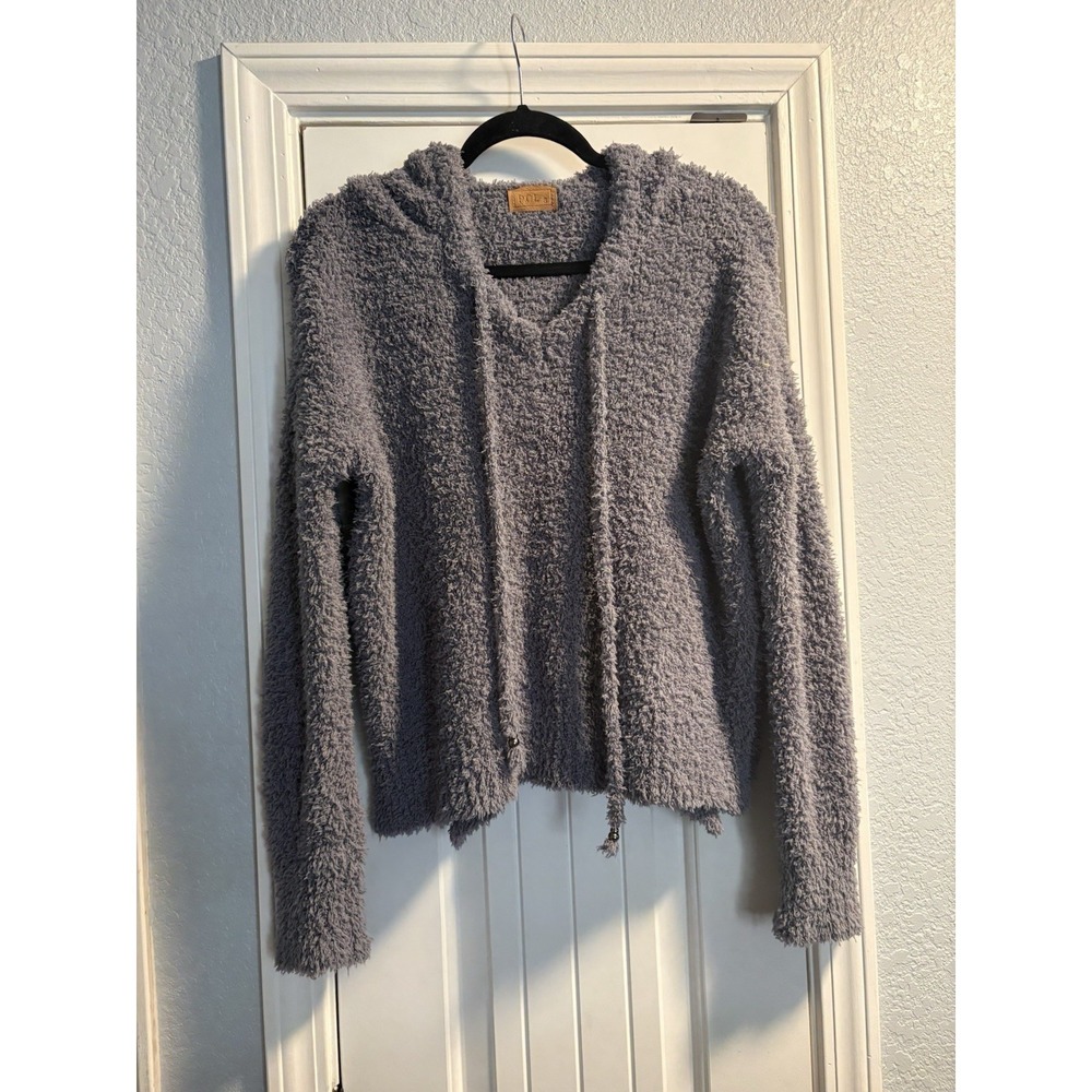 POL Hooded Eyelash Knit Pullover Womens Small‎ Gray Fuzzy Cozy Sweater